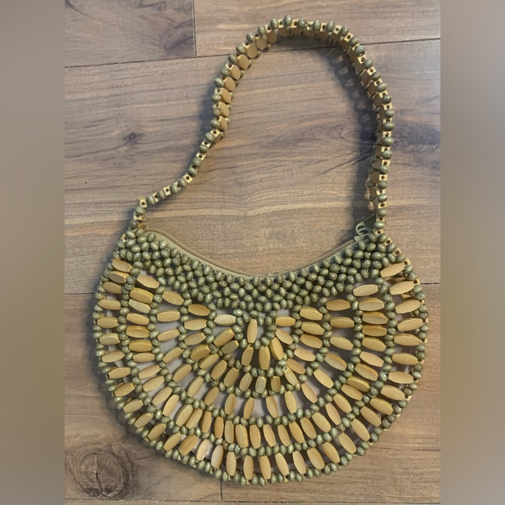 Wood Beaded Circular Lined Zip Boho Purse ￼Clutch